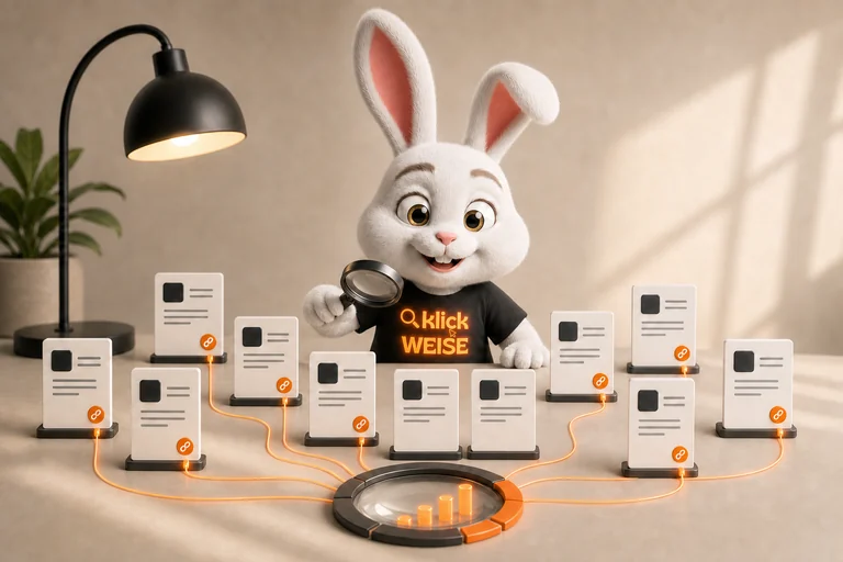 Klickweise-Maskottchen visualisiert KI-Zitierrate in einer eigenständigen Mess- und Analyseszene.